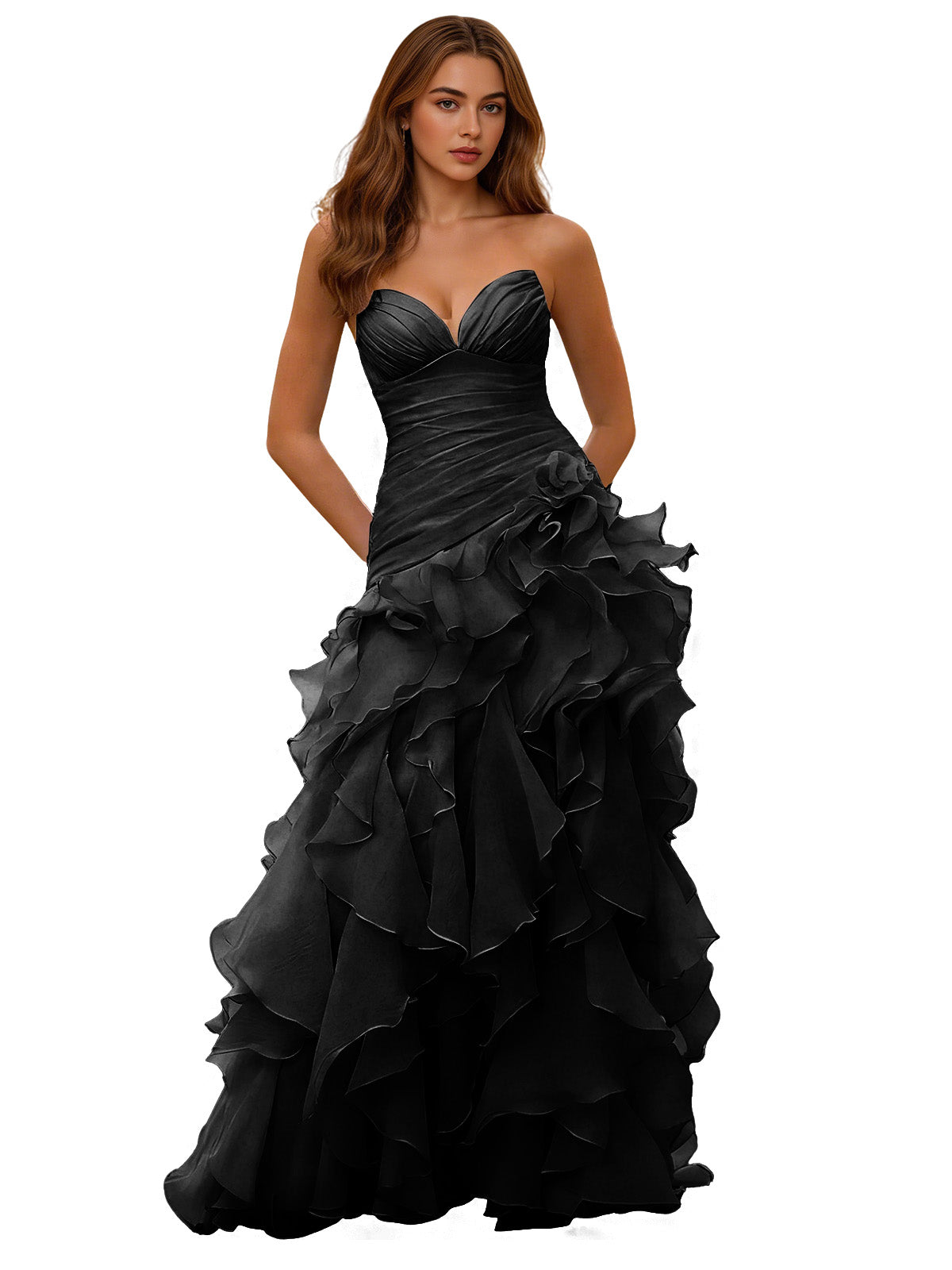 Strapless ruffle ball gown with draped corset bodice, black layered skirt.