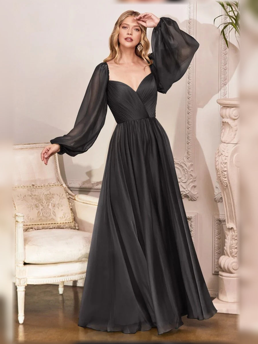 Black sweetheart long-sleeve formal dress with off-shoulder puff sleeves and pleated maxi