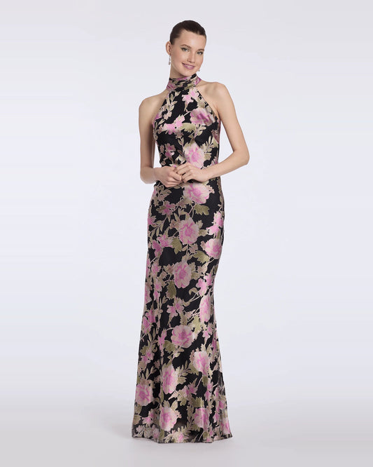 Black floral halter maxi dress with ruched bodice and sleek column fit