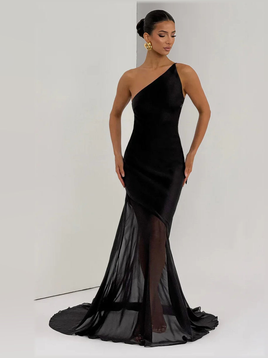 Black one-shoulder mermaid floor-length formal dress with fitted bodice