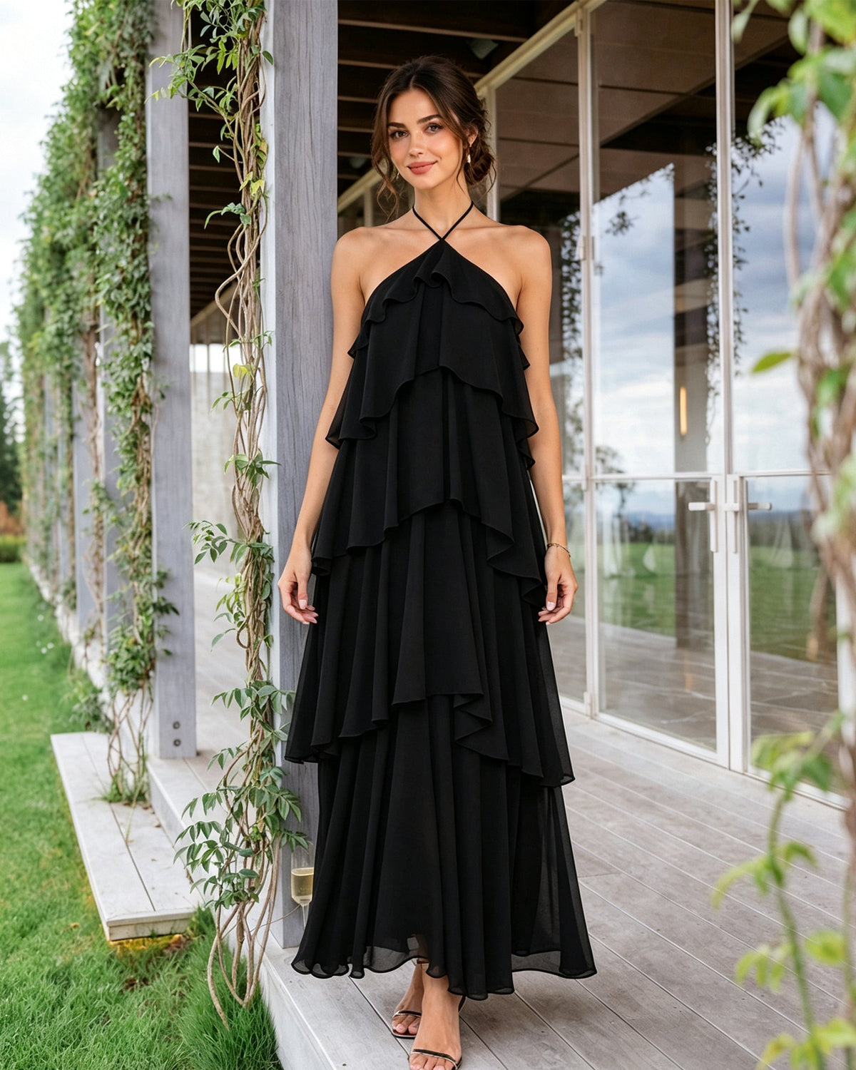 Tiered halter chiffon bridesmaid dress, black tiered ruffle overlay and long skirt