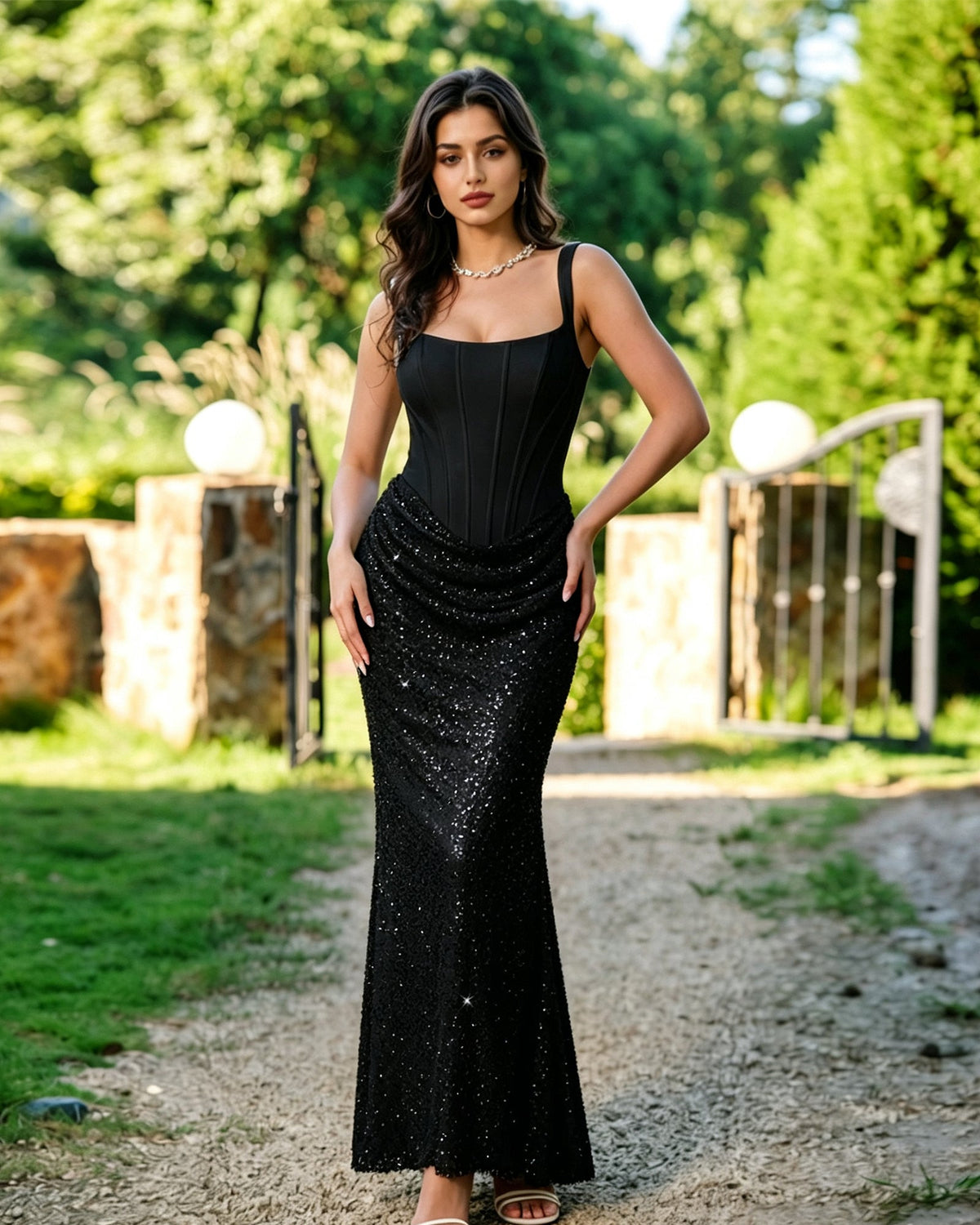 Square-neck sequin lace midi dress, black long fitted skirt with beaded ruching