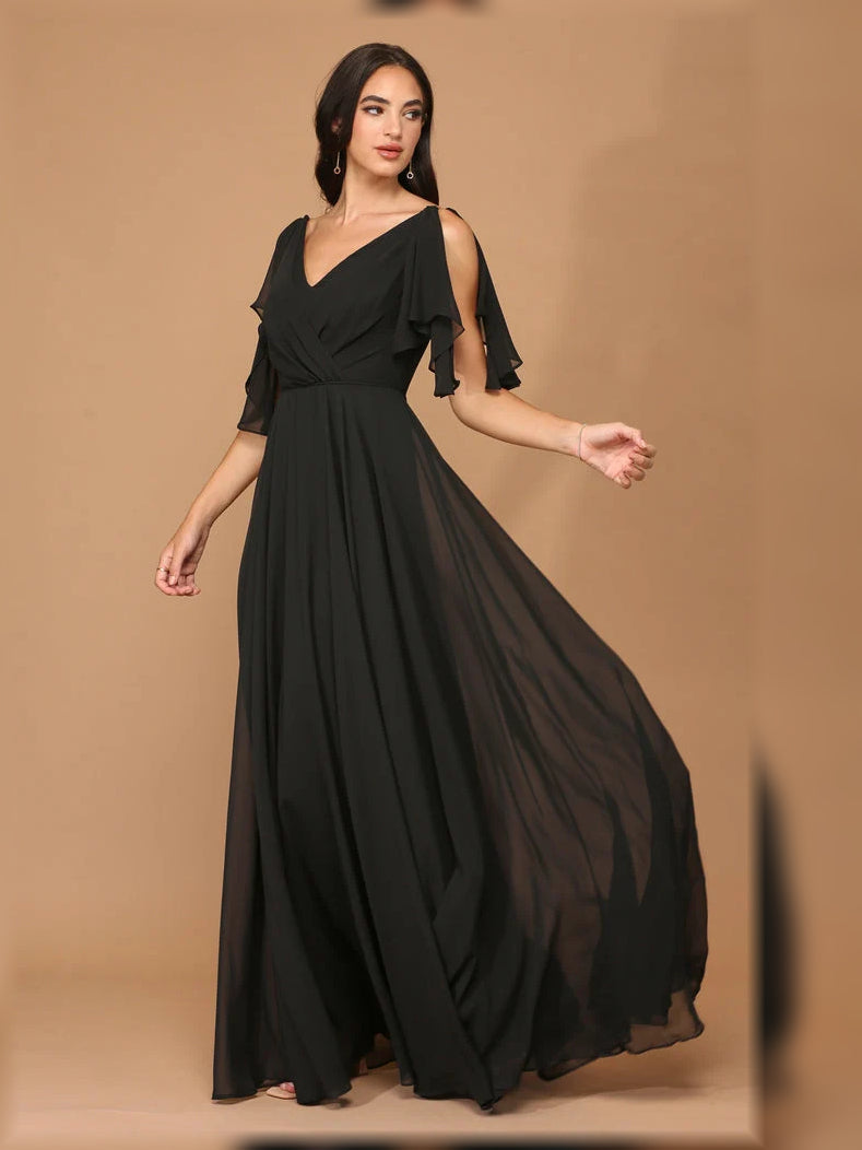 Ruffled V-neck A-line maxi chiffon dress, black with cold-shoulder flutter sleeves.