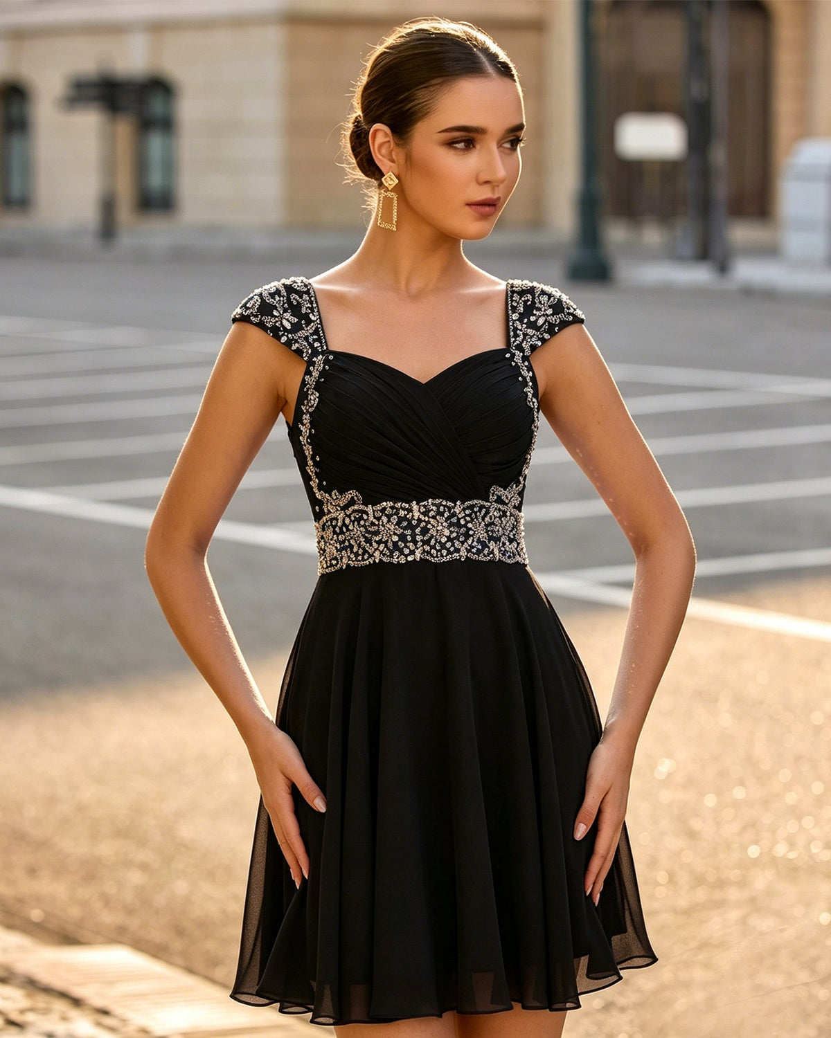 Black ruched chiffon short dress with sweetheart neckline and beaded cap sleeves, pleated skirt