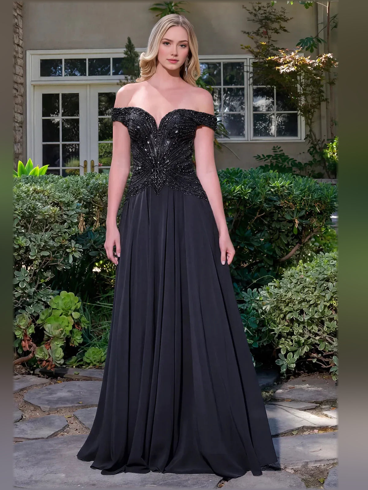 Black off-shoulder beaded floor-length formal gown, full front standing
