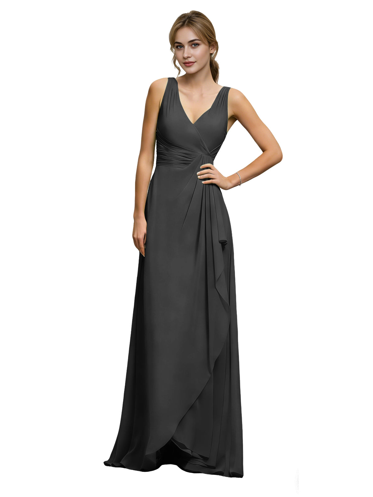 Halter V-neck chiffon bridesmaid dress with draped sash waist, dark grey
