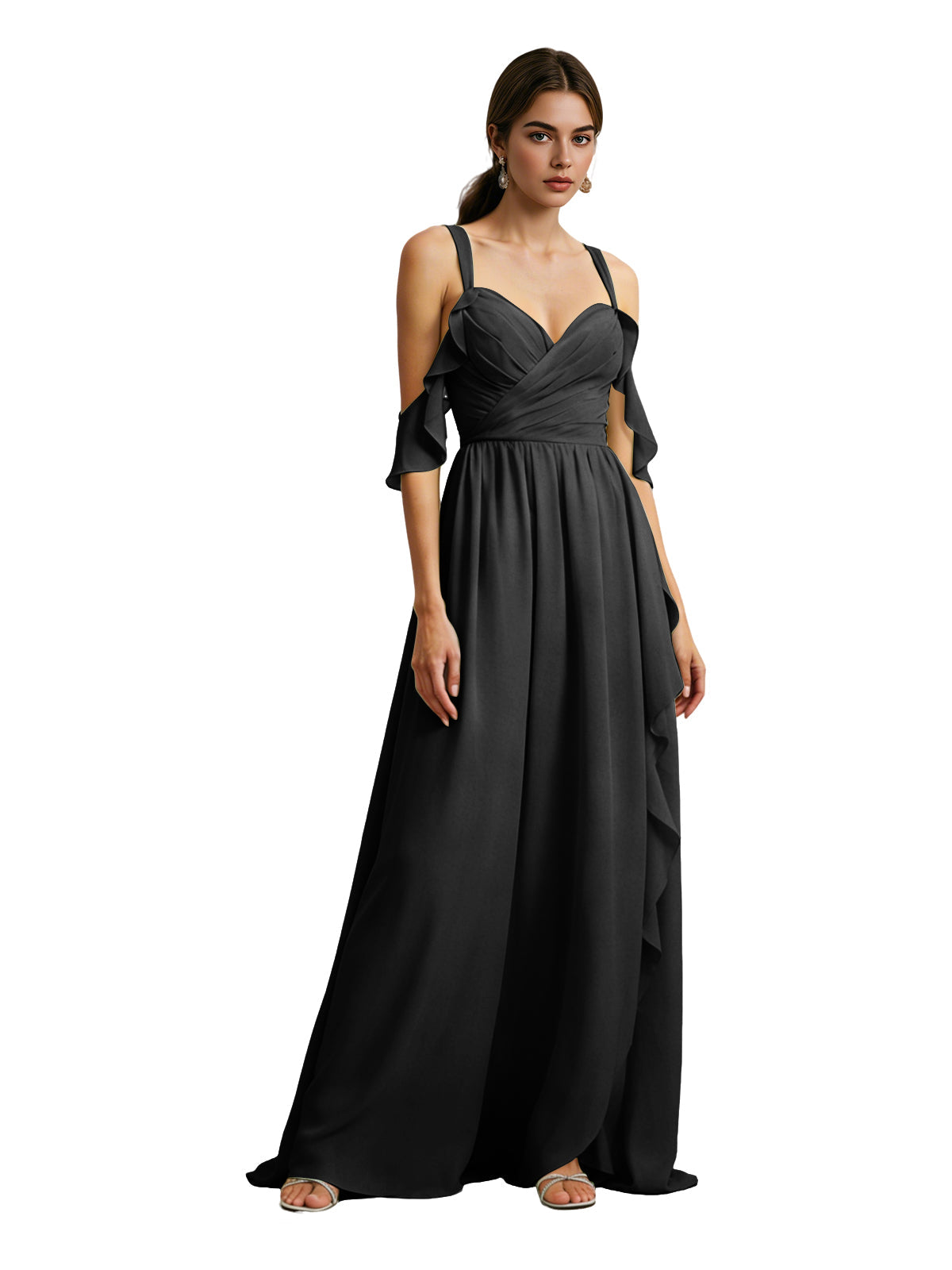 Black chiffon cold-shoulder bridesmaid dress with draped V-neck bodice, flowing skirt
