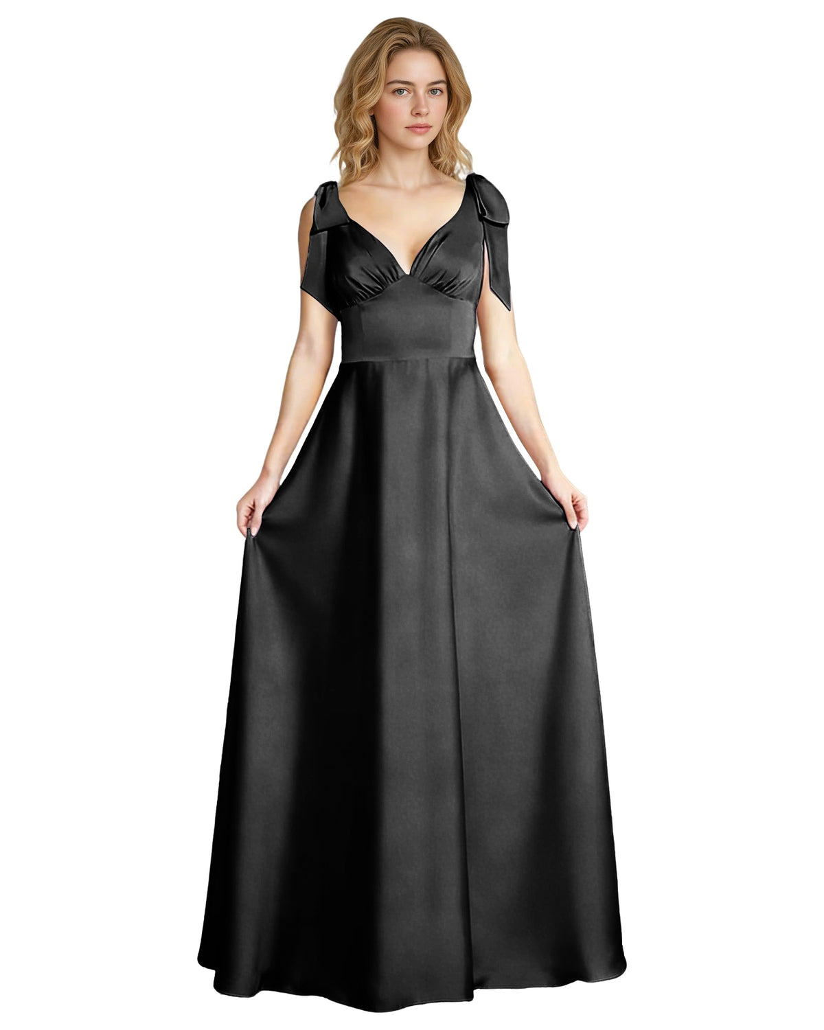 Black satin V-neck bridesmaid dress with bow shoulder straps, empire waist, full skirt.
