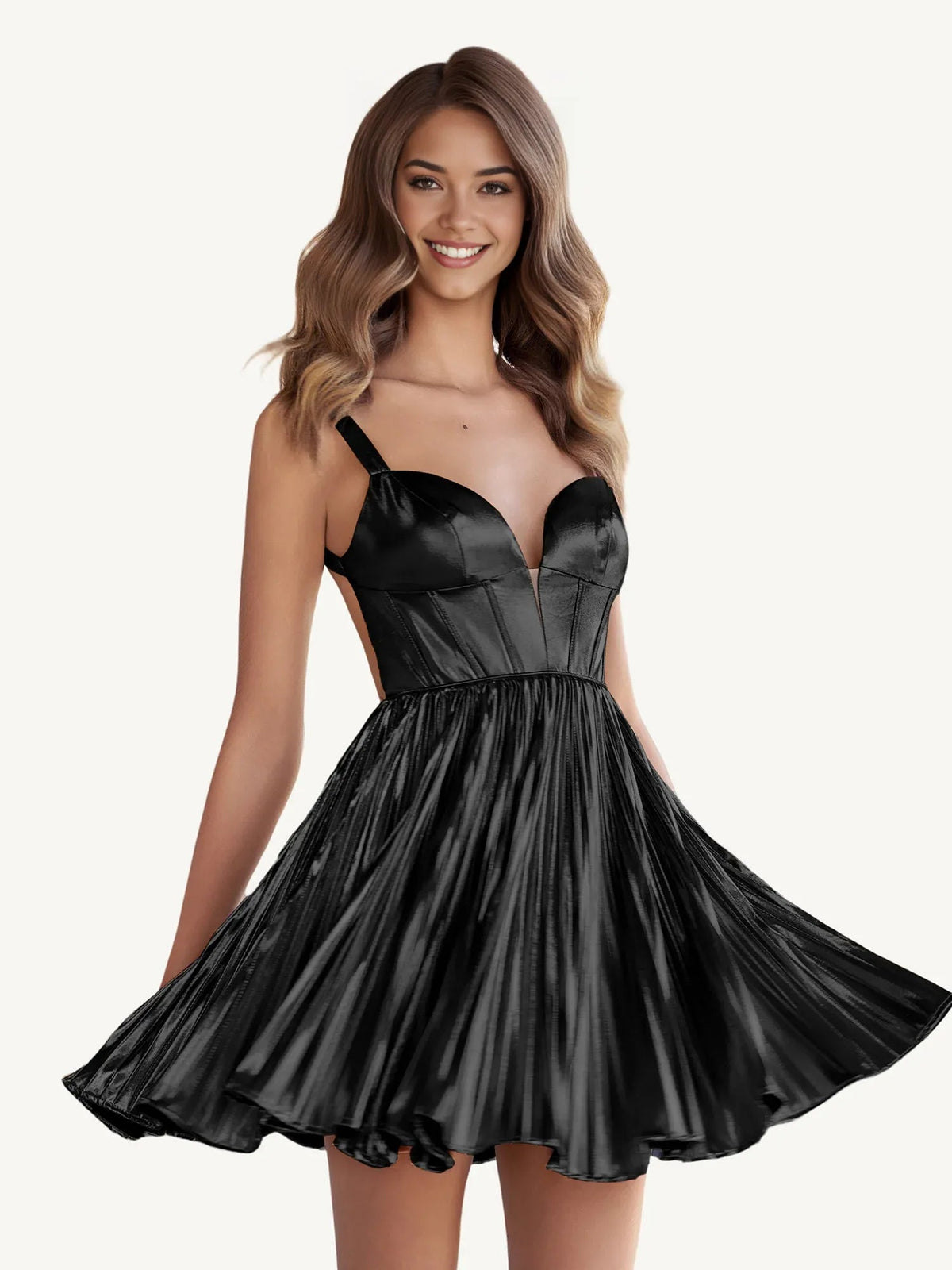 Metallic black pleated corset mini dress with sweetheart neckline and A-line skirt