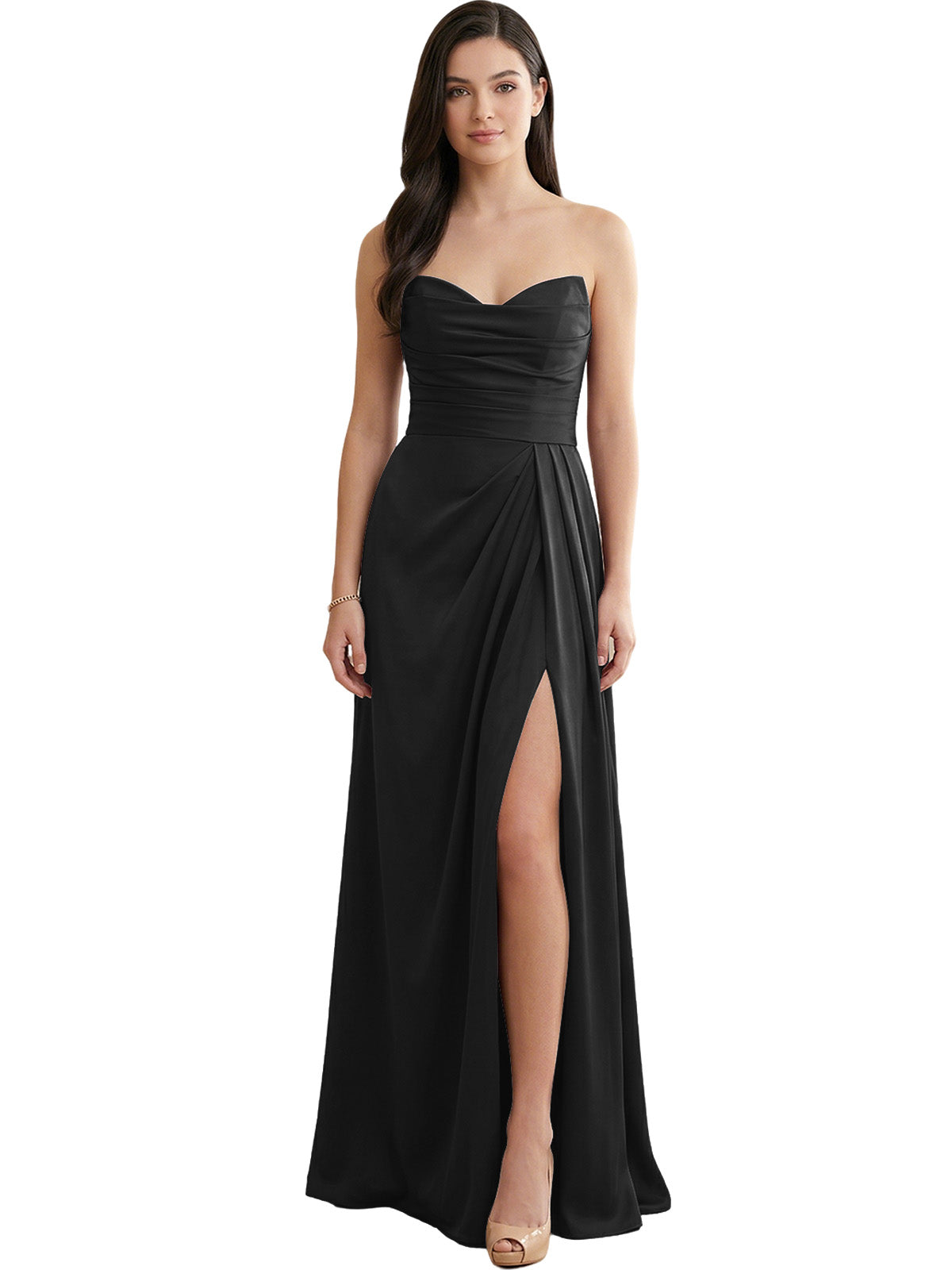 Black strapless satin bridesmaid dress with pleated waist and side slit