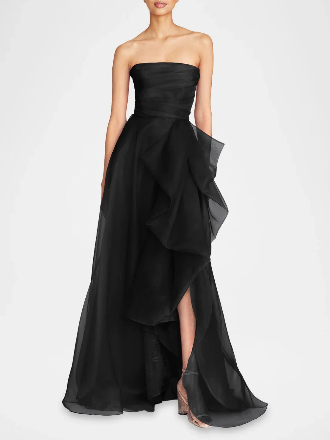 Strapless ruffle A-line floor-length formal dress in black, layered side drape