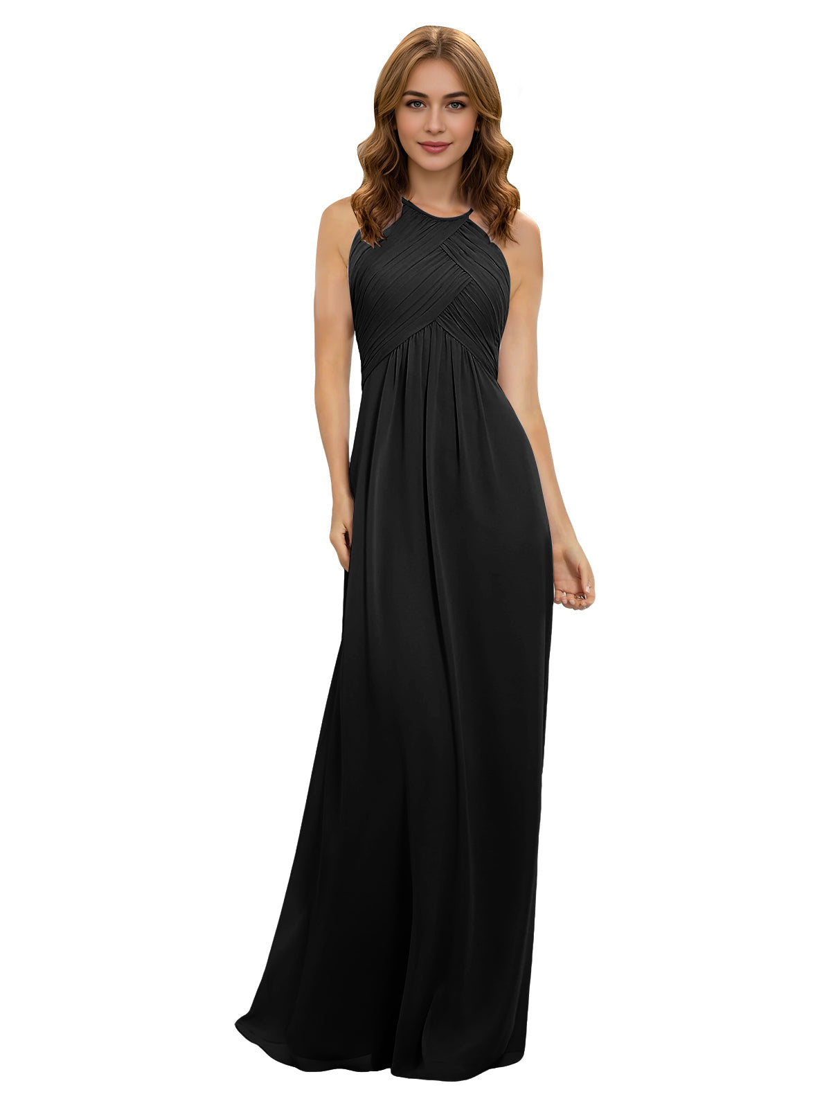Black chiffon halter bridesmaid dress with twisted bodice and keyhole neckline