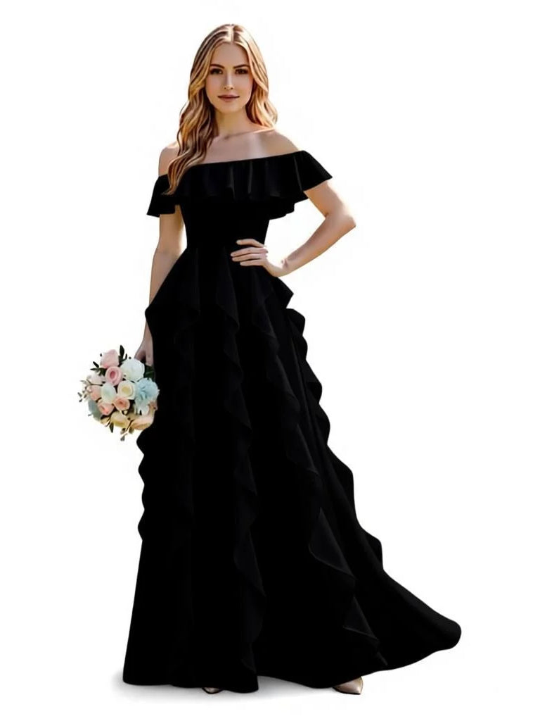 Draped ruffled off-shoulder chiffon maxi A-line dress in black
