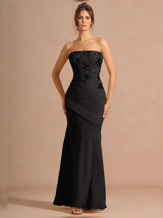 Cowl neck midi formal dress with ruching and slit, black strapless sweetheart bodice
