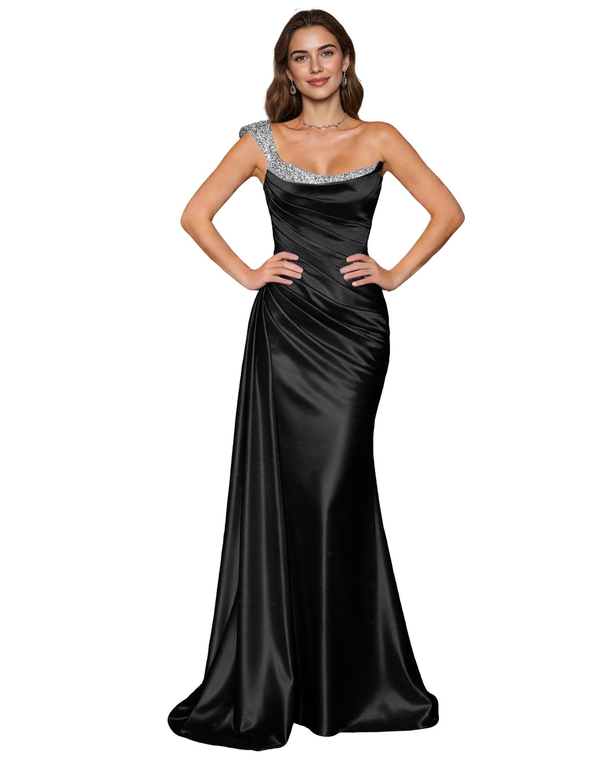 Black satin mermaid prom dress with draped cowl neckline and rhinestone spaghetti straps