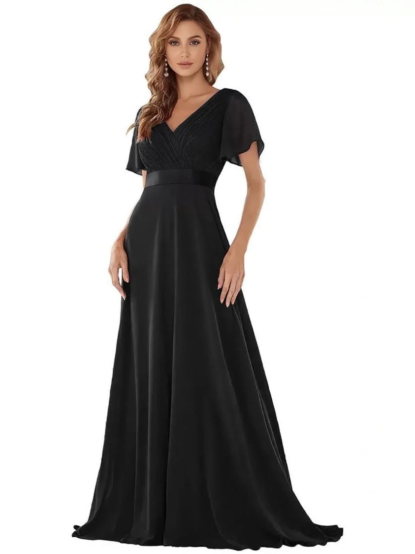 Black ruched corset V-neck A-line maxi dress with short flutter sleeves