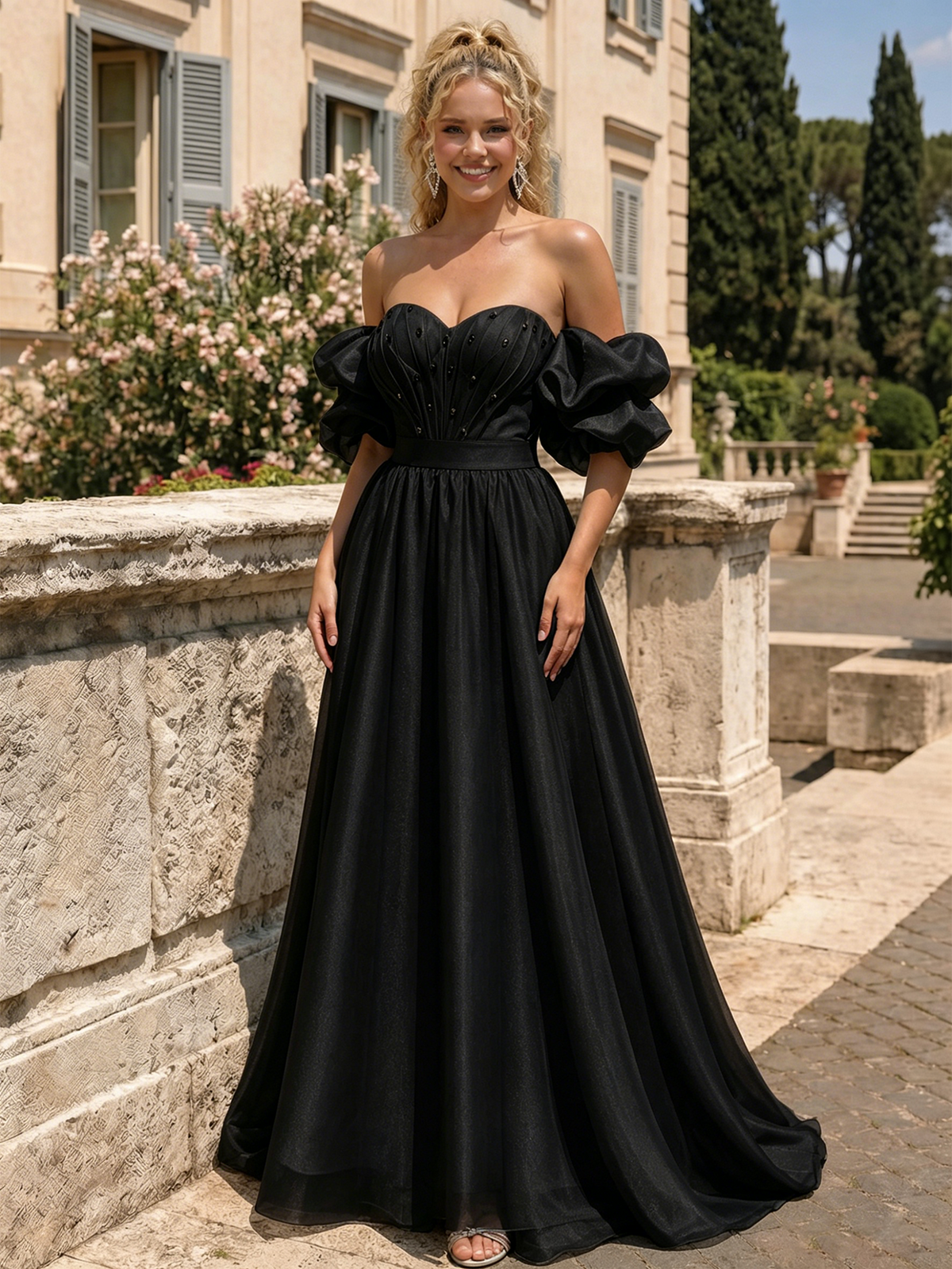Black off-shoulder sweetheart A-line prom dress with voluminous puff sleeves and pleated skirt