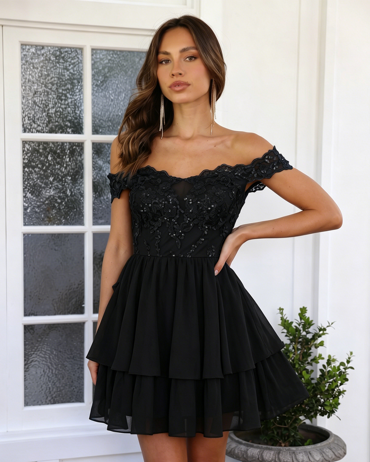 Black off-shoulder lace A-line homecoming dress with tiered skirt