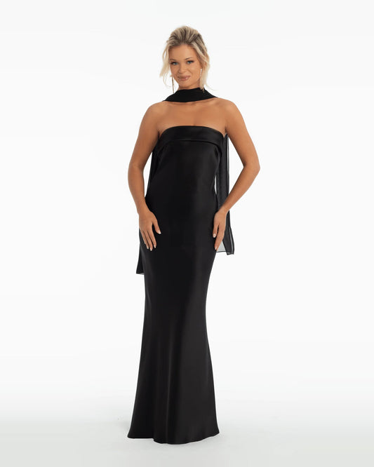 Black strapless column maxi dress with draped bodice