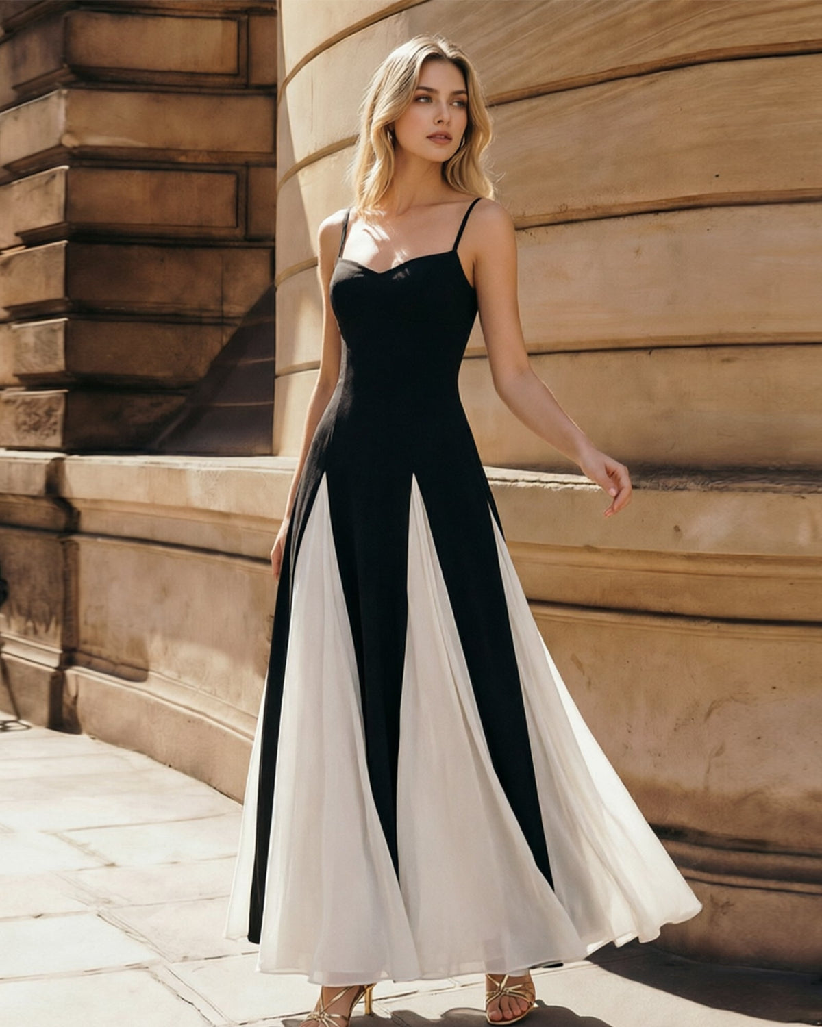 Colorblock spaghetti strap wide-leg formal jumpsuit dress in black with white panels