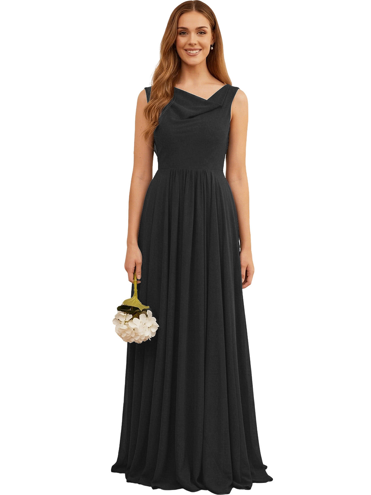 Black chiffon bridesmaid dress, sleeveless V-neck with pleated full skirt