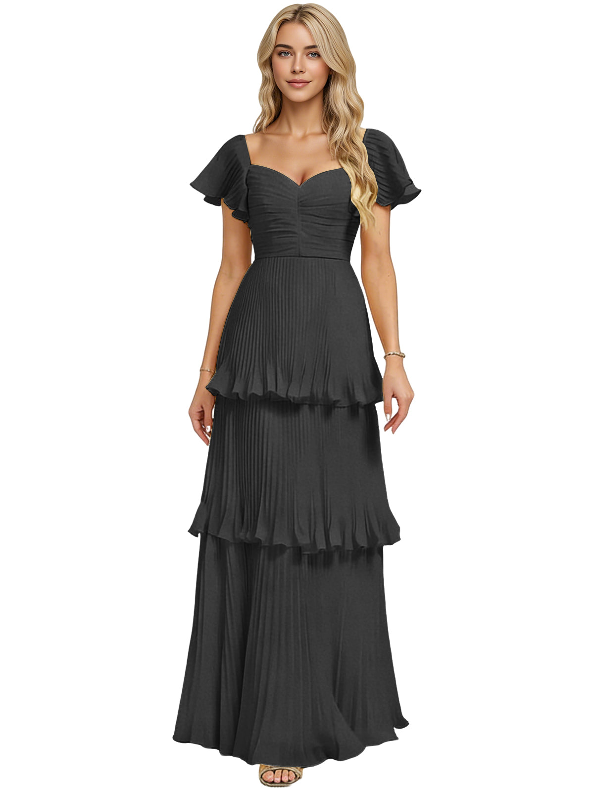 Black chiffon bridesmaid dress with sweetheart neckline and tiered ruffle skirt