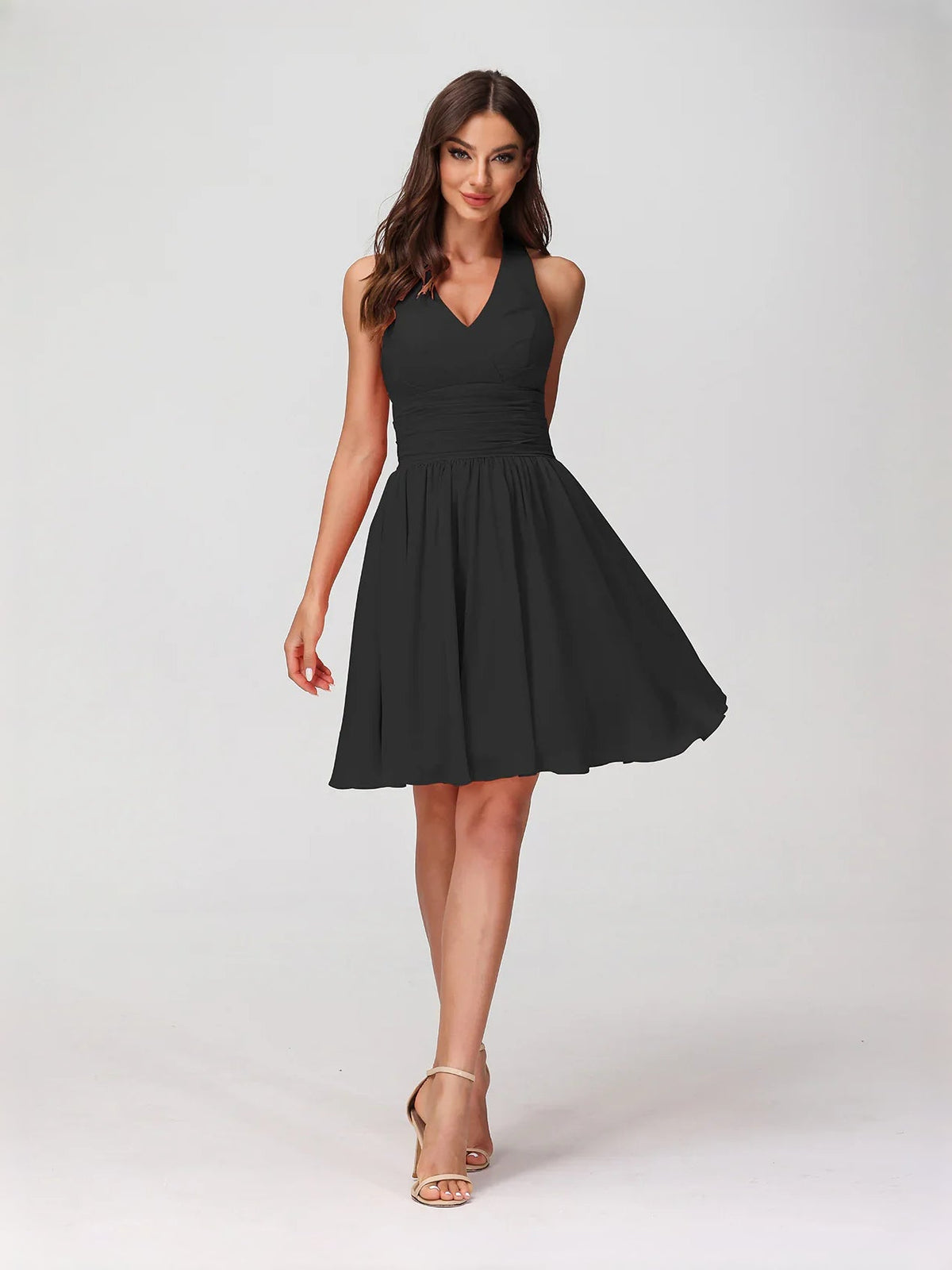 Black halter V-neck mini dress with ruched waist and flared A-line skirt, chiffon