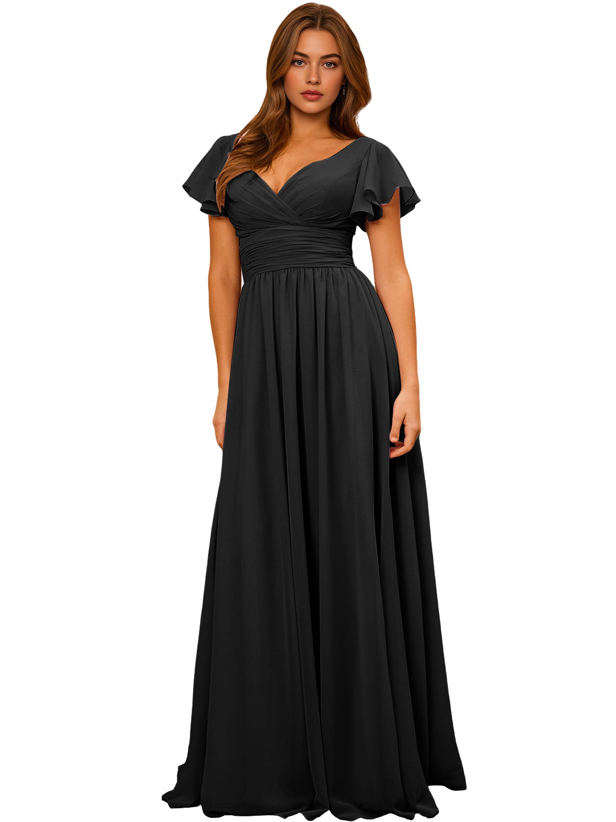 Dark V-neck chiffon bridesmaid dress with flutter sleeves and empire waist