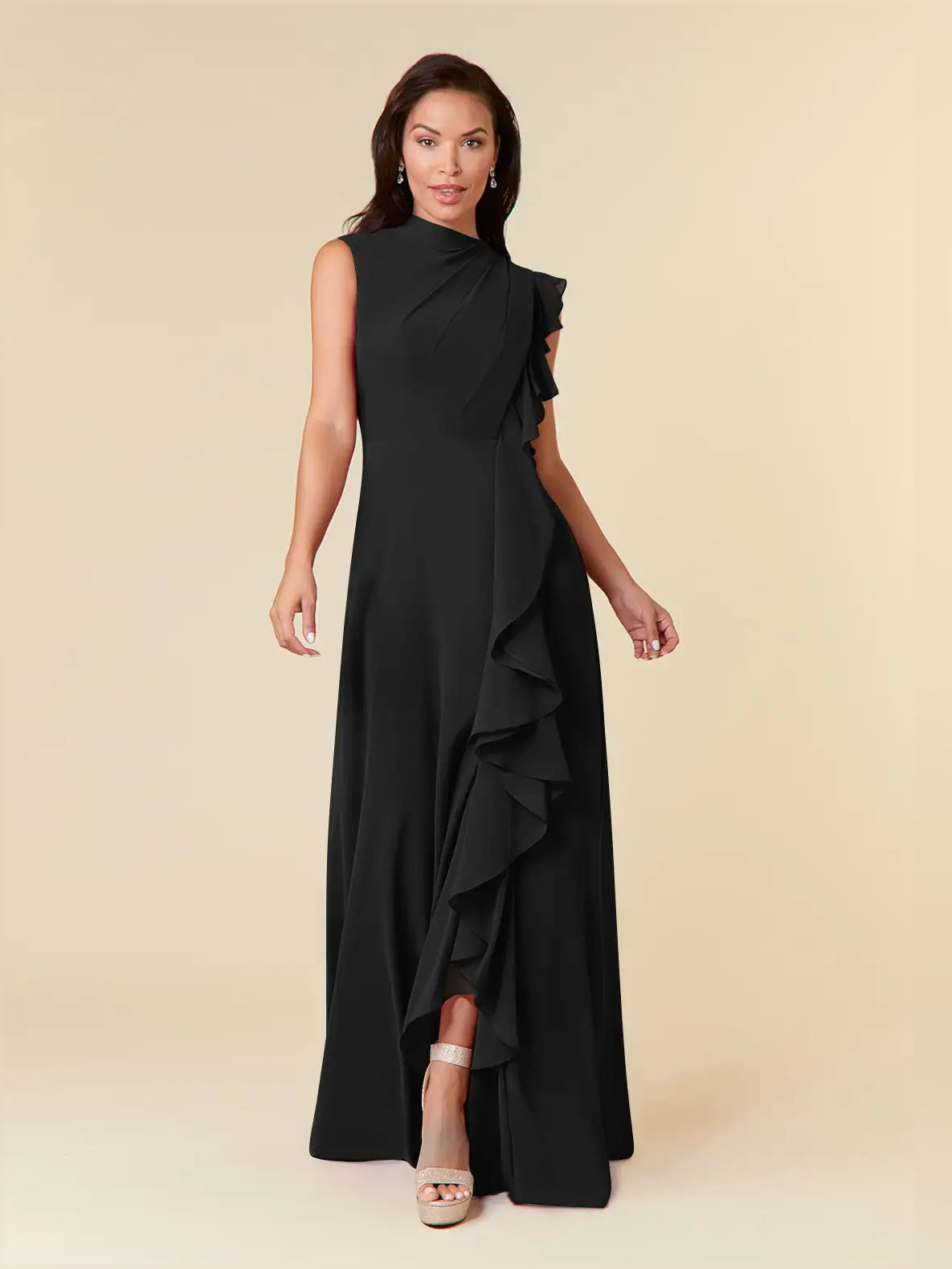 Black chiffon maxi dress with high neck and layered ruffle drape, sleeveless A-line