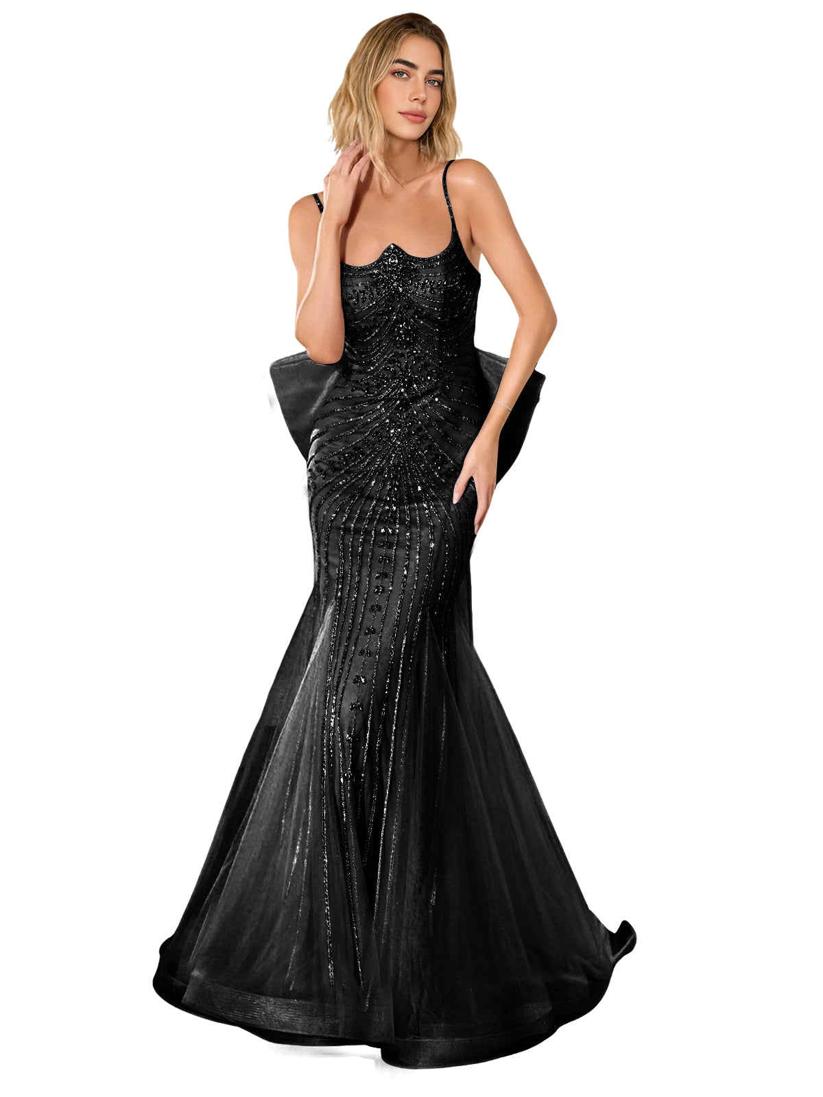 Black strapless lace trumpet prom dress with corset back and sweep train