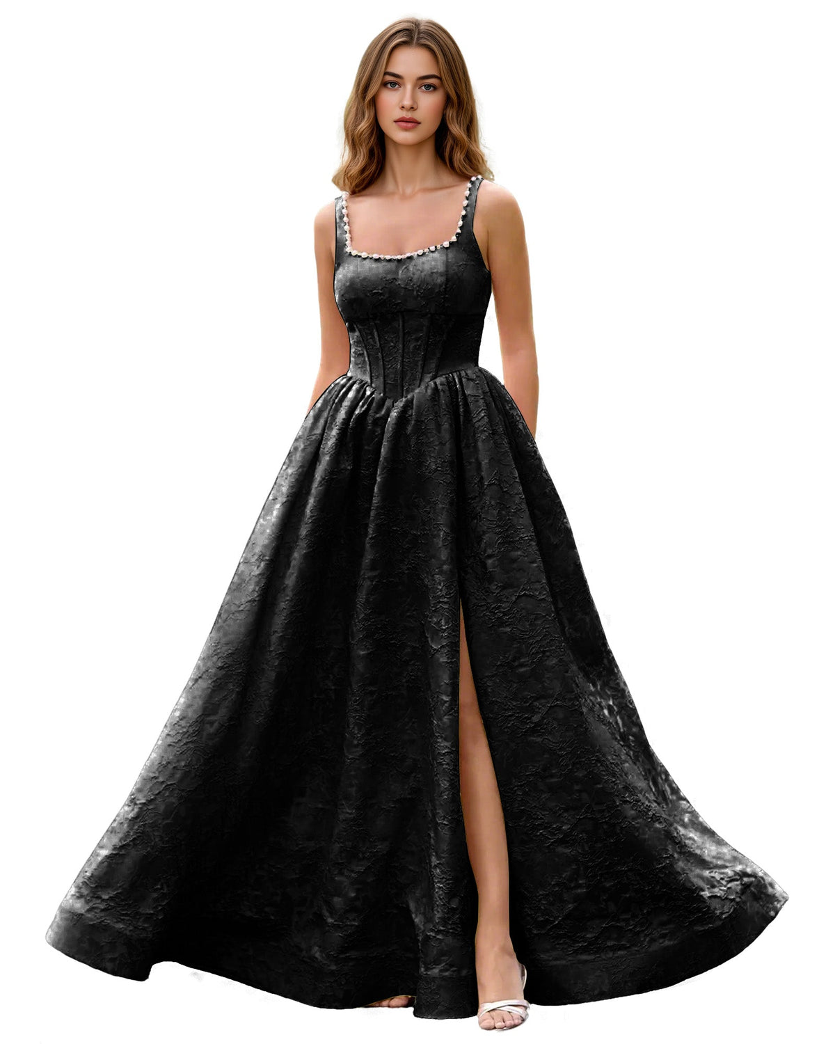 Black jacquard ball gown with square neckline, wide straps, fitted bodice, full skirt slit