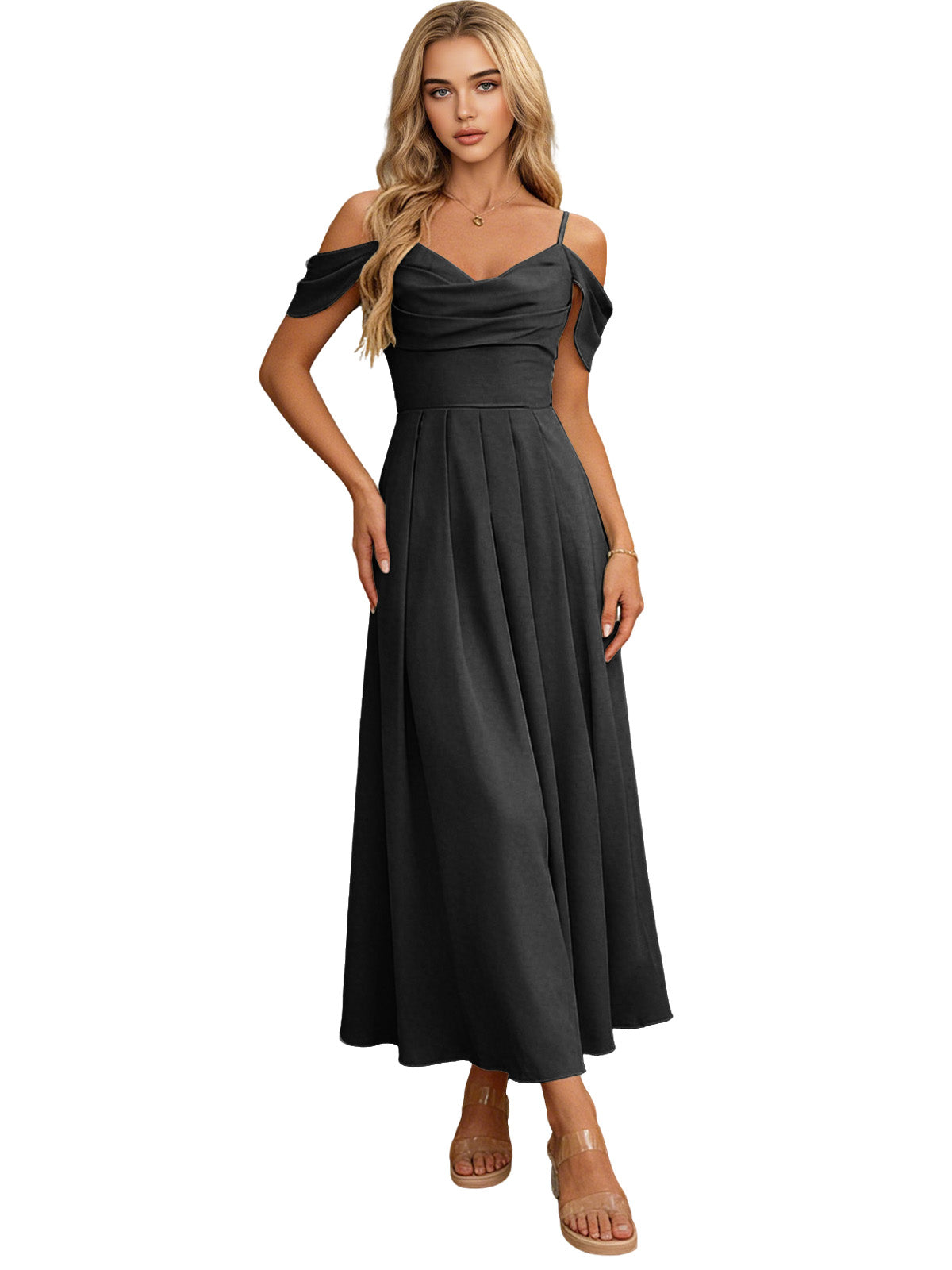 Charcoal off-shoulder midi bridesmaid dress with pleated bodice and flowing skirt