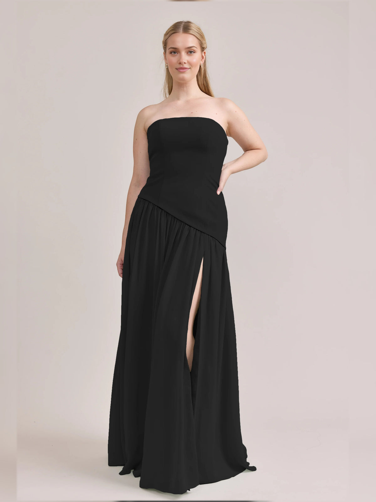 Black strapless A-line maxi chiffon dress with side-front slit, full length