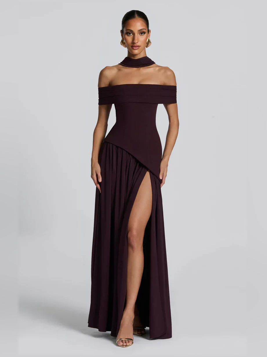 Wine off-shoulder pleated formal dress with front slit, floor-length