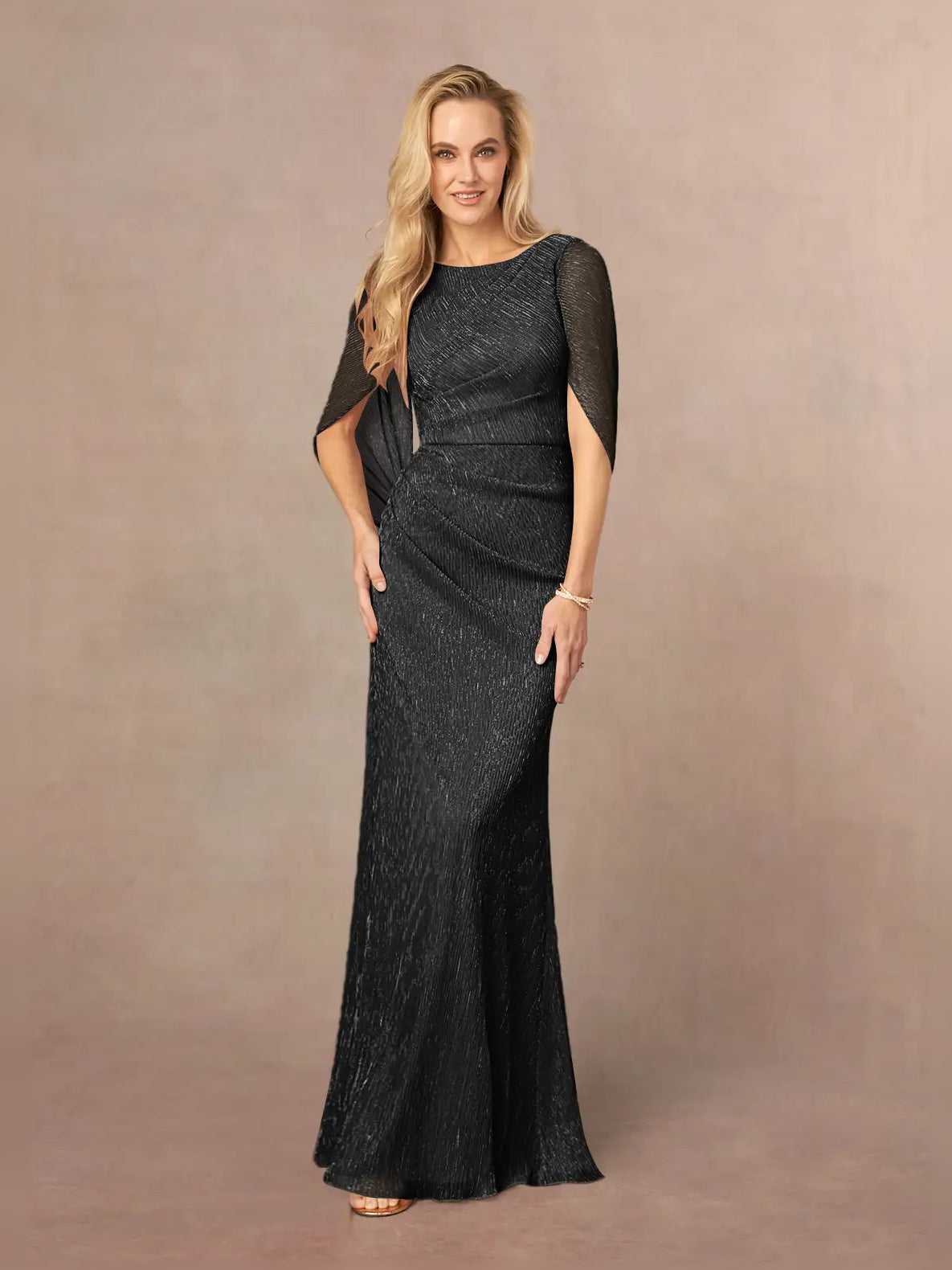 Black draped sheath maxi dress with scoop neck, ruched pleats, and short sleeves