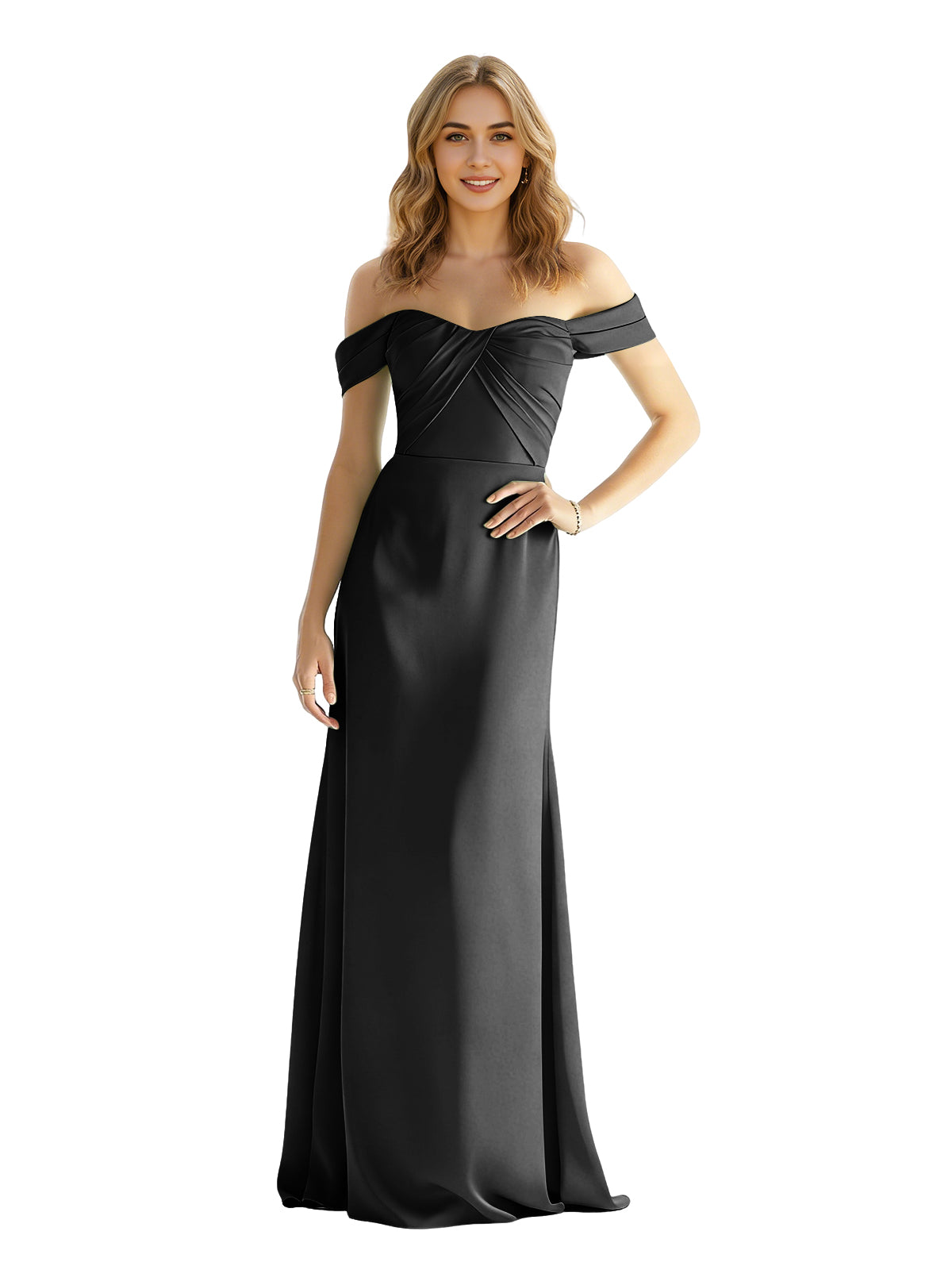 Off-shoulder satin bridesmaid dress, wrapped sweetheart bodice, floor-length skirt in black.