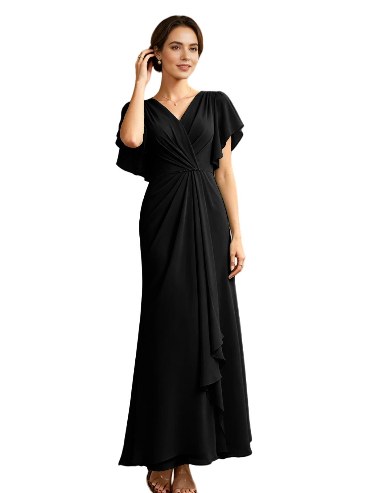 Long black chiffon V-neck A-line dress with flutter sleeves and wrap bodice