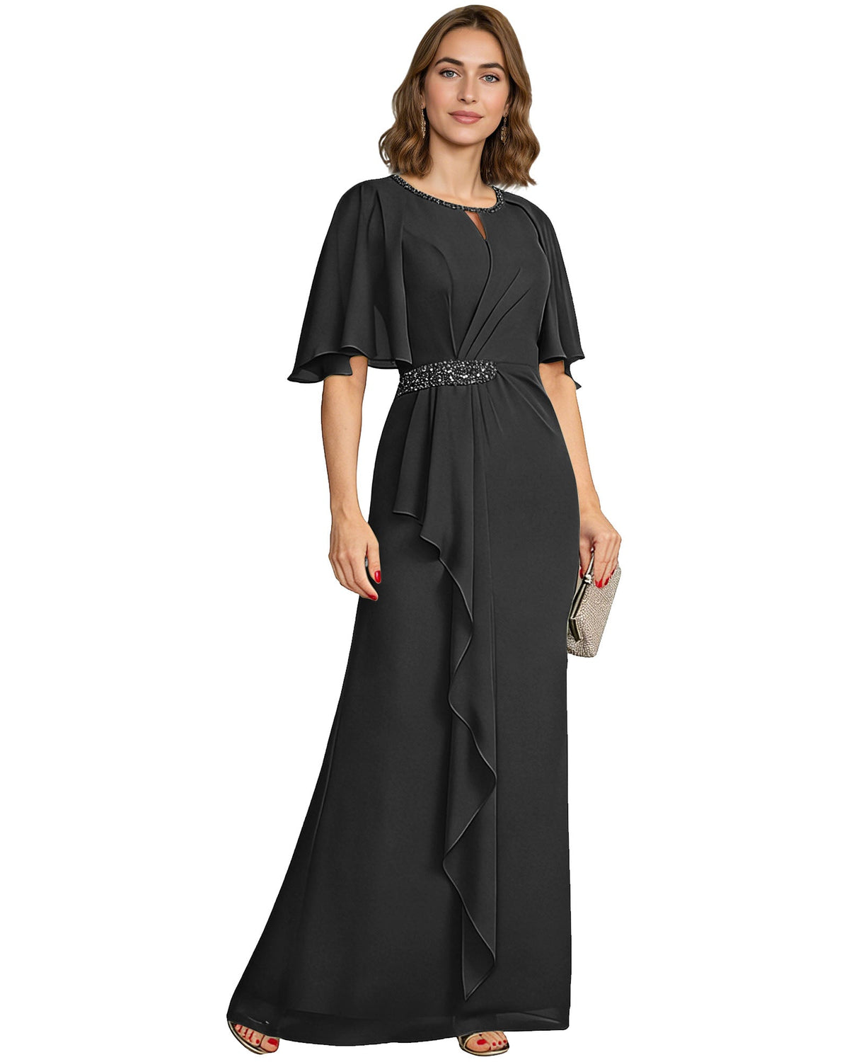 Chiffon A-line formal dress with flutter sleeves, beaded waist, ruffle drape—black