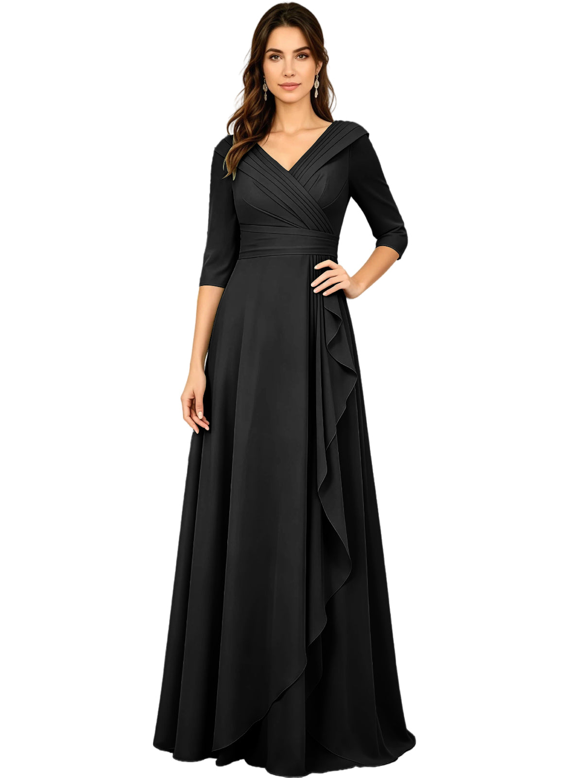 Long V-neck A-line chiffon gown, half sleeves, black with side ruffle drape