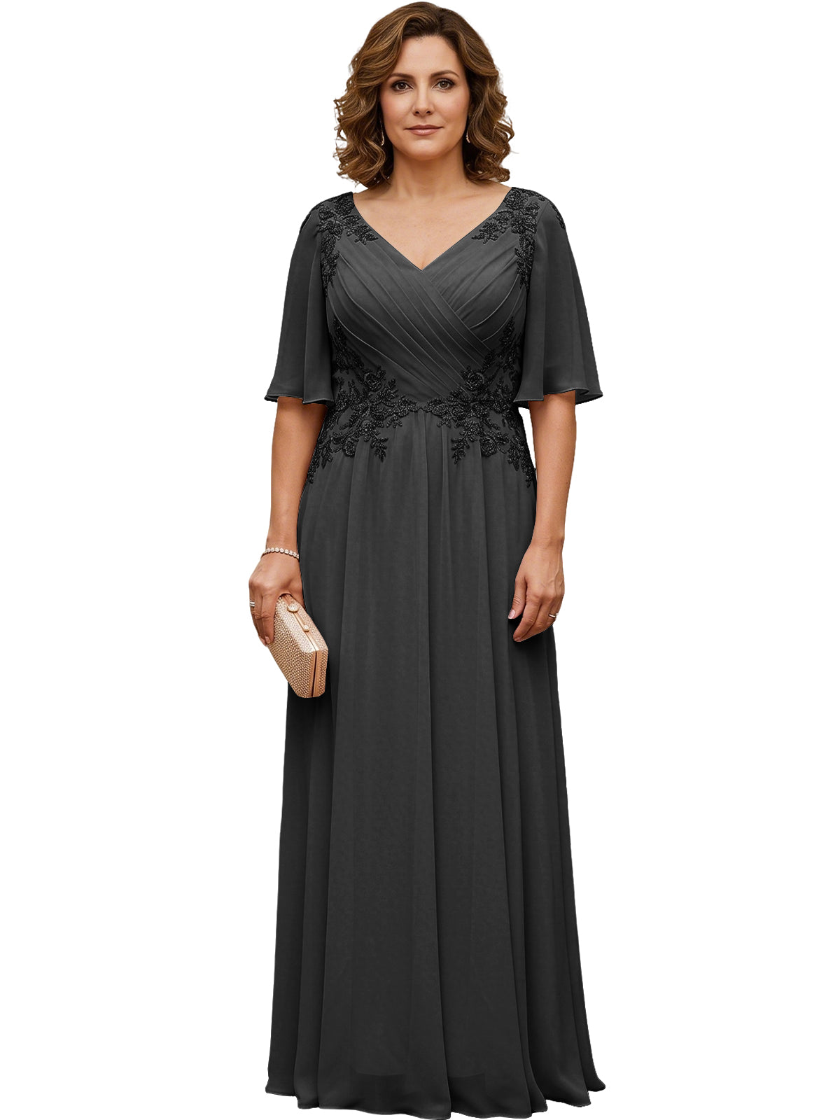 Black long chiffon A-line gown with V-neck, flutter sleeves, and beaded lace detail