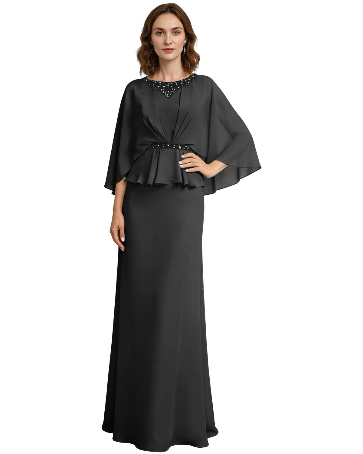 Black long formal dress with beaded neckline, capelet sleeves, and peplum drape