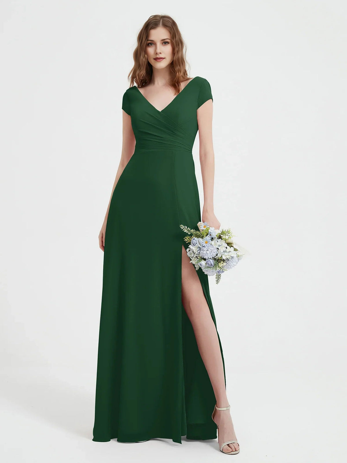 Dark green V-neck maxi chiffon dress with ruched waist and side slit