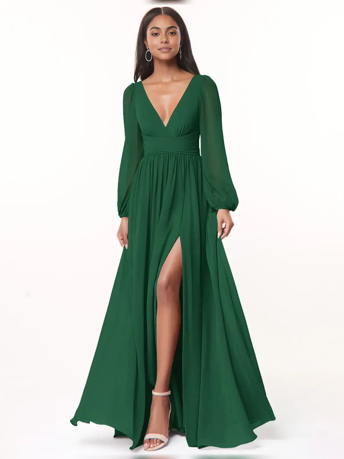 Dark green slit A-line bridesmaid dress with plunging V-neck and long sleeves