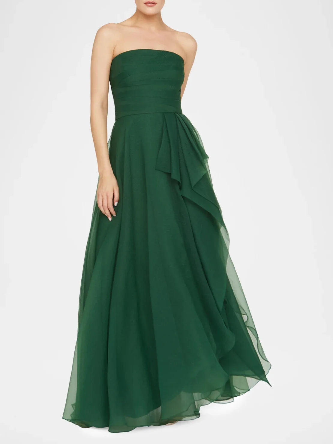 Strapless ruffle A-line floor-length formal dress in dark green with flowing skirt overlay