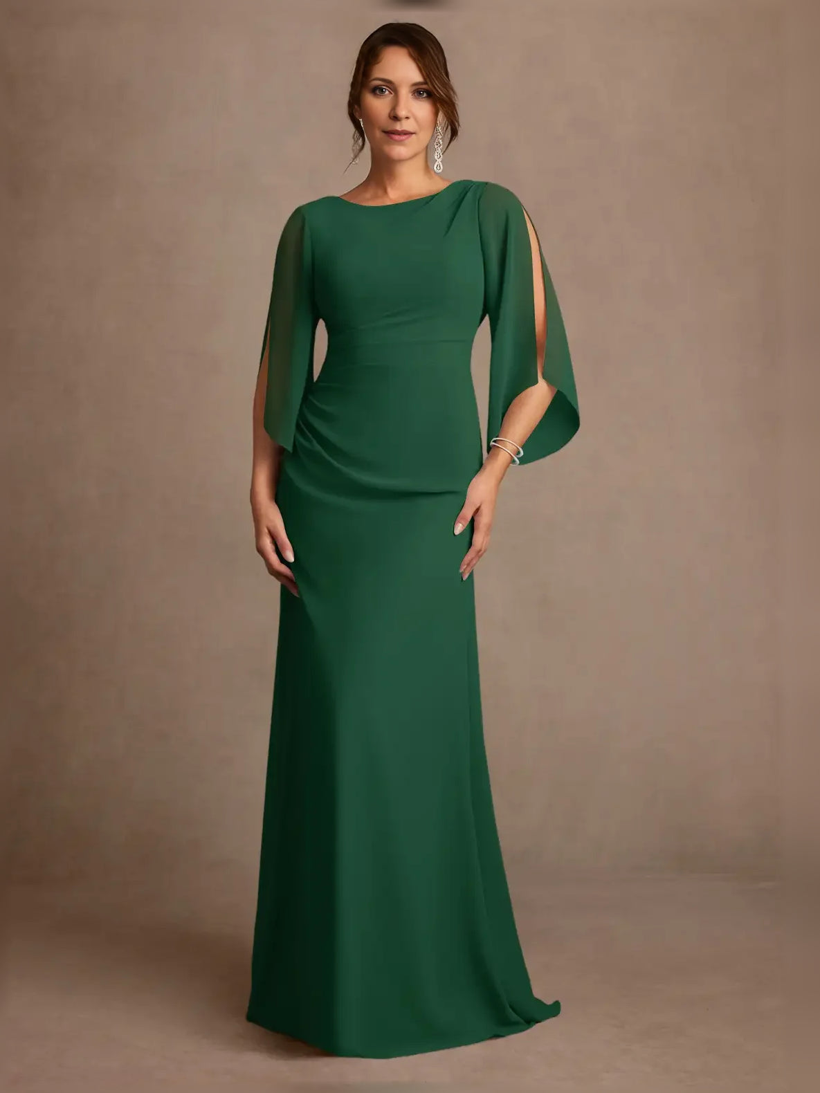 Draped boat-neck A-line chiffon mother-of-the-bride dress, dark green, floor length