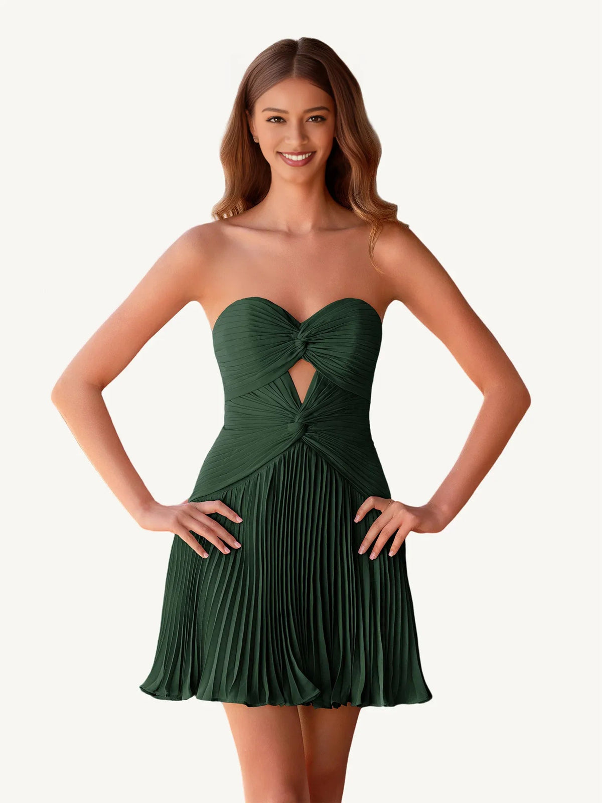 Dark green strapless sweetheart mini dress with ruched pleated A-line skirt and bow detail