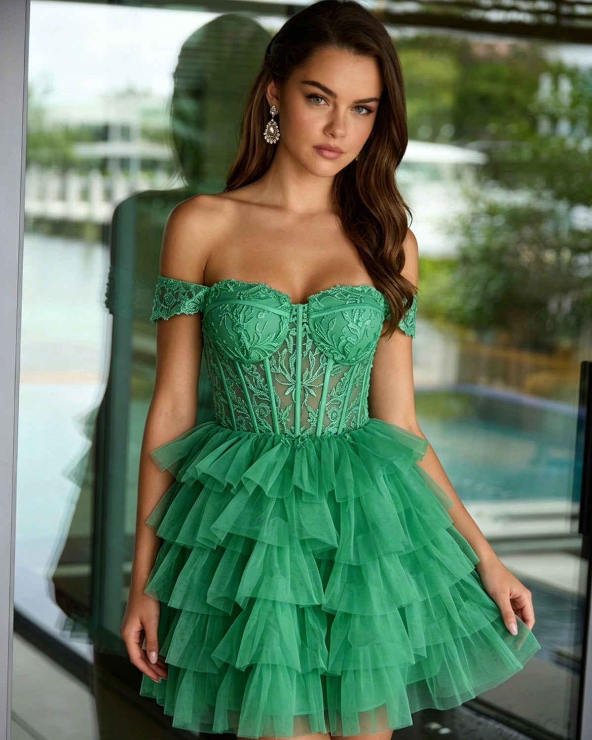 Off-shoulder lace corset dress with tiered tulle skirt, emerald green