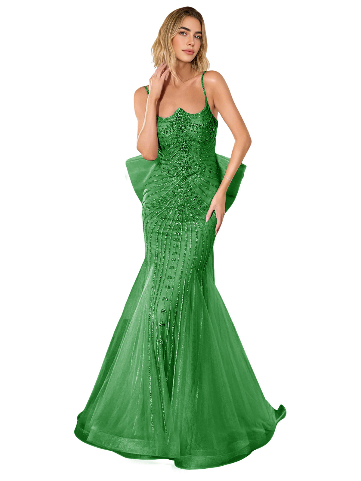 Green strapless lace trumpet prom dress with corset back and sweep train