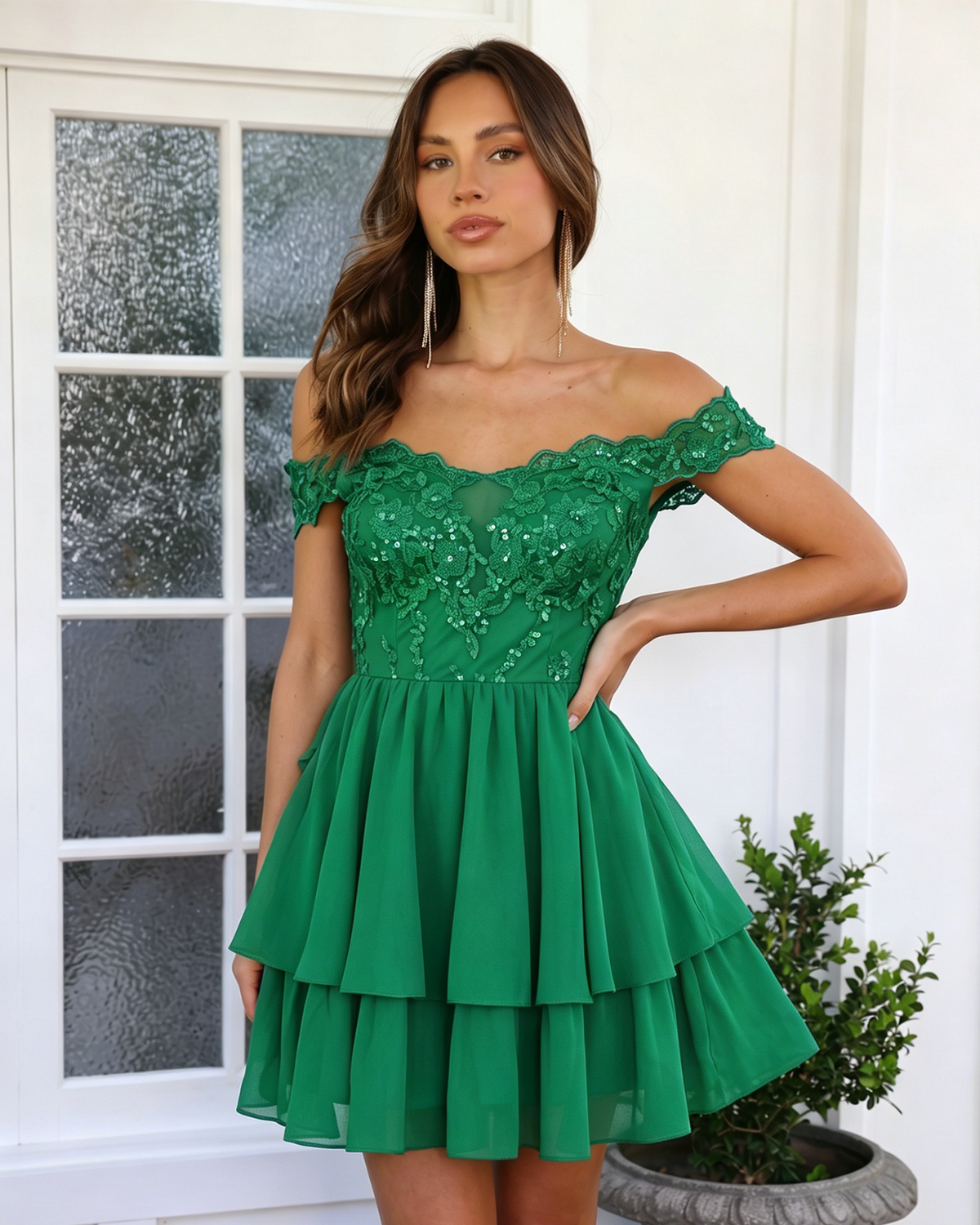 Green off-shoulder lace A-line homecoming dress with tiered skirt