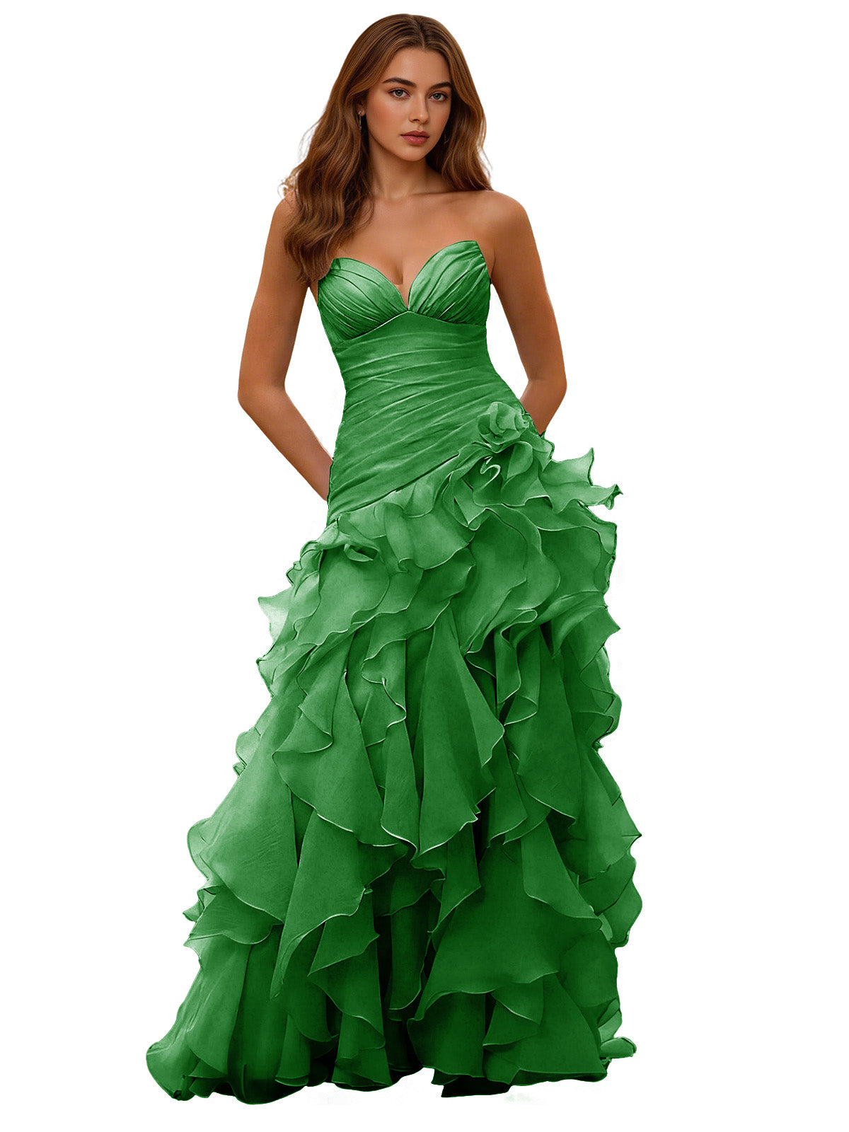 Strapless ruffle ball gown with draped corset bodice, green layered skirt.